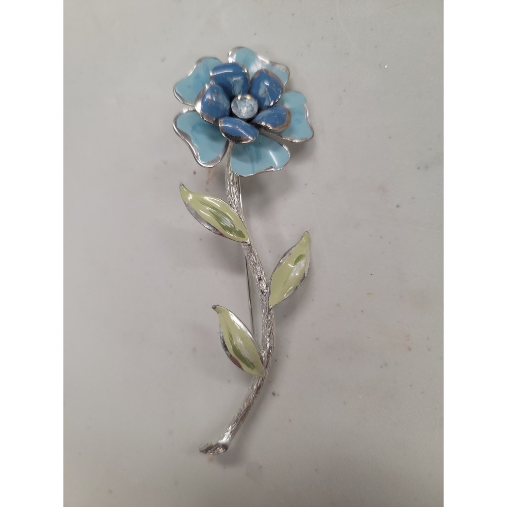 Vintage blue enamel & blue  Rhinestone Flower  Pin  4 1/4  inch long